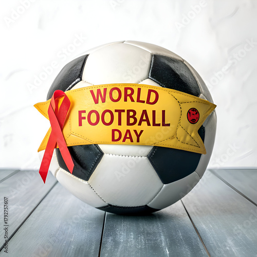 A soccer ball with a yellow banner that says world football day and a red ribbon on a wooden surface