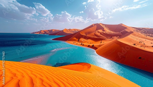 Fototapeta Naklejka Na Ścianę i Meble -  Expansive orange sand dunes curve around a bright turquoise body of water, creating a striking contrast under a clear blue sky with scattered clouds.