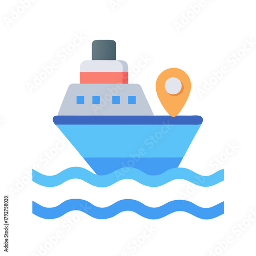Stylized ship with location marker on the open sea