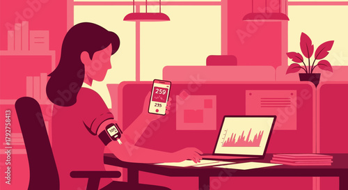 Woman working at office desk with laptop and smartphone, monitoring health data with a wearable device