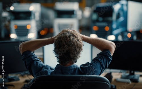Freight forwarder logistics manager control room truck fleet traffic monitoring warehouse desk back silhouette tired worker transport operations