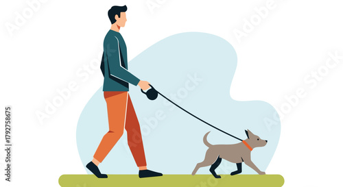 Man walking a small dog on a leash in a park, enjoying outdoor activity and pet companionship