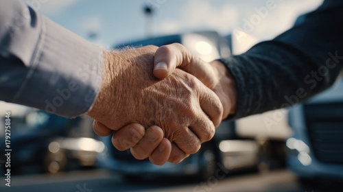Two men handshake in front of truck fleet, close up of hands showing agreement and professionalism in outdoor logistics setting
