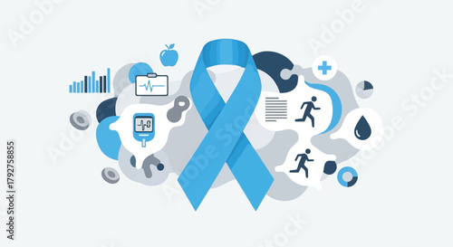 Blue ribbon symbolizing diabetes awareness surrounded by icons representing health, exercise, and medical monitoring