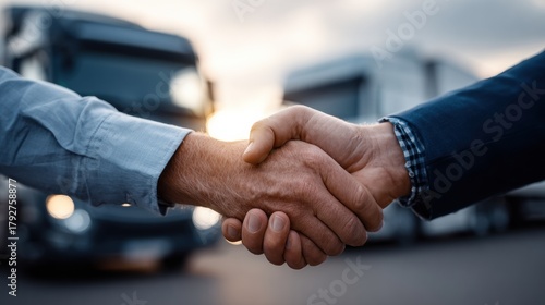 Two handshake agreement truck driver business handshake transportation deal logistics handshake outdoor meeting sunset handshake