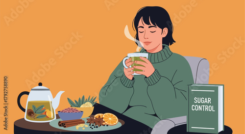 Woman enjoying a warm cup of herbal tea with a book titled sugar control and healthy snacks, promoting a balanced diet