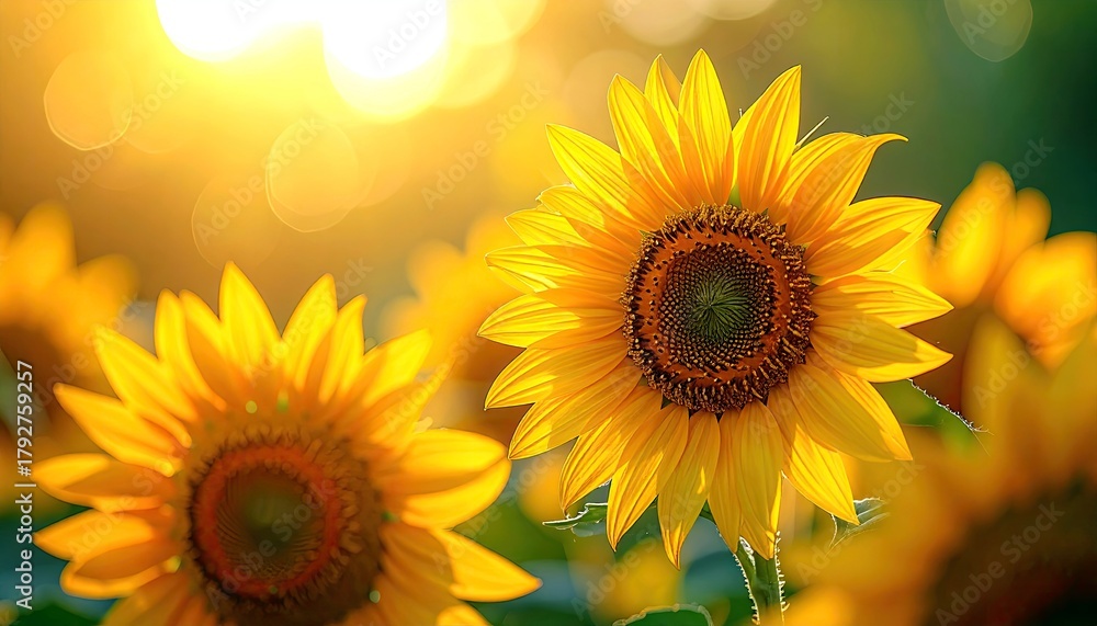 Fototapeta premium Two vibrant sunflowers are in focus, with their bright yellow petals and dark centers, bathed in warm golden sunlight.