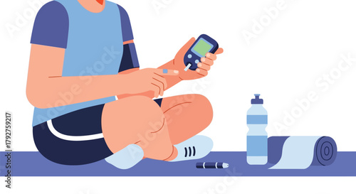 Person with diabetes checking blood sugar level with glucometer while sitting on floor with water bottle and rolled towel