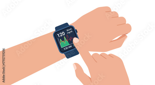 Closeup of a persons hand wearing a smartwatch displaying heart rate and health data