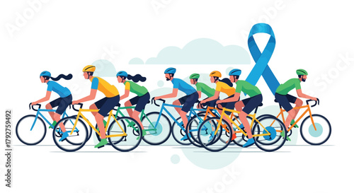 Group of cyclists riding bicycles in a line, with a large blue awareness ribbon in the background
