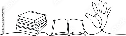 Stack of books and open book with hand, one continuous line drawing. Education and knowledge concept