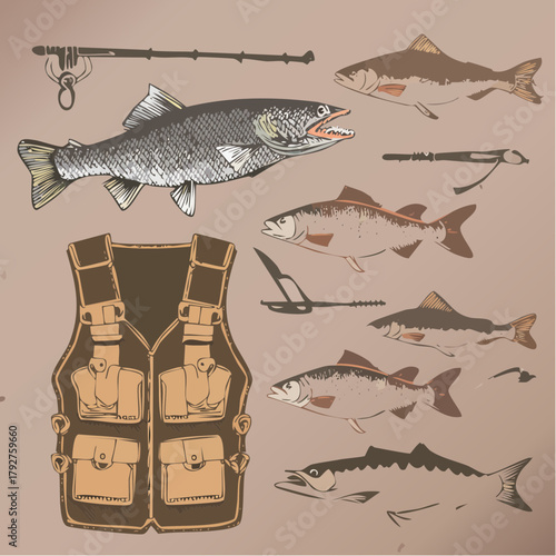 Vintage Fishing Illustration Set Angling Gear and Fish on Tan Background, Outdoors Concept