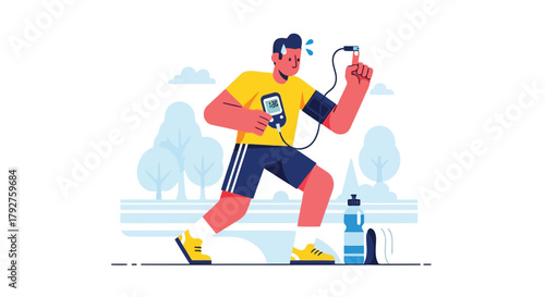 Man running outdoors with a smartphone armband and headphones, checking his device, representing exercise and a healthy lifestyle