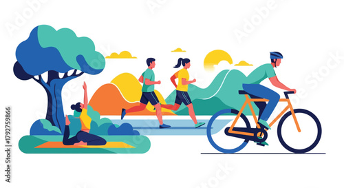 People enjoying outdoor activities like yoga, running, and cycling in a park with trees and hills, promoting a healthy lifestyle and wellness