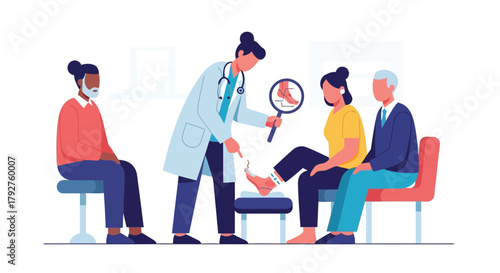 Doctor examining a patients foot while other people wait, illustrating a medical consultation or podiatry appointment