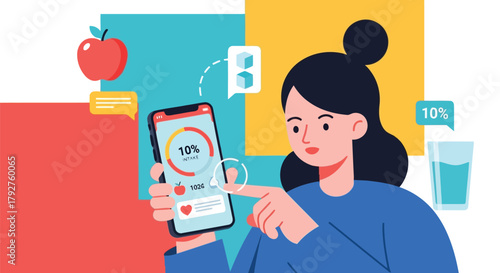 Woman using a health app on her smartphone, showing progress tracking for diet and exercise, with an apple and water nearby