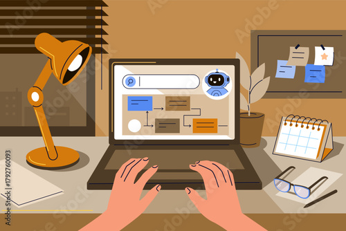 Workflow automation illustration. Character working on laptop with smart dashboards, AI automated business processes on screen. Task management, onboarding, artificial intelligence tools. 