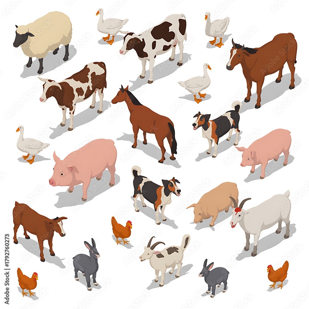 Fototapeta premium A diverse collection of farm animals presented in a charming isometric style for any project