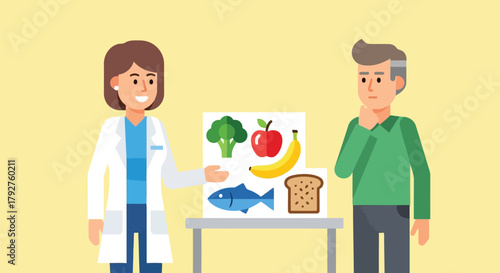 Nutritionist showing healthy food options to a patient, including broccoli, apple, banana, fish, and bread, emphasizing healthy eating