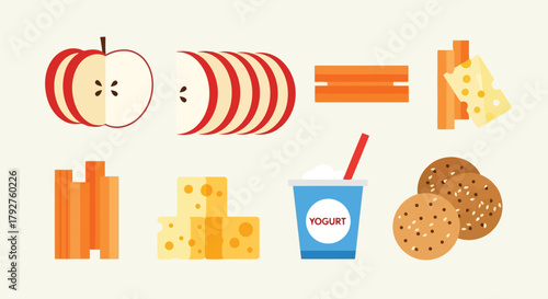 Collection of healthy snack ingredients including apple slices, carrots, cheese cubes, and yogurt cup, presented in a visually appealing arrangement
