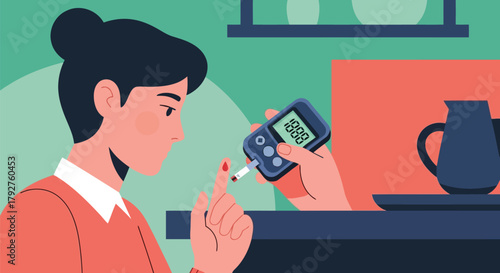 Woman checking her blood sugar level with a glucose meter, monitoring diabetes at home