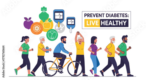 Group of diverse people engaging in healthy activities like running and cycling to prevent diabetes and live a healthy life