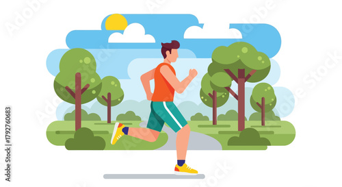 Man running in a park on a sunny day with trees and clouds in the background, representing fitness and outdoor activity