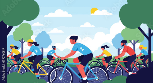 Group of people cycling together in a park on a sunny day, enjoying outdoor activity and healthy exercise amidst trees and blue sky