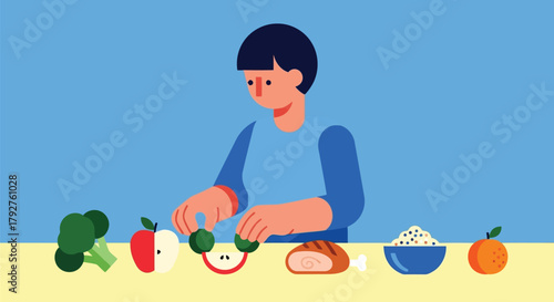 Young person arranging healthy food items like broccoli, apple, and rice on a table with a blue background