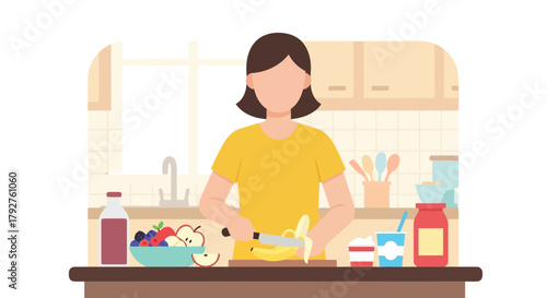 Woman in a yellow shirt preparing food in a kitchen, slicing fruit with a knife on a cutting board