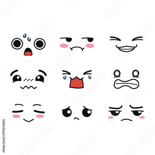 Diverse vector collection of cartoon facial expressions, vividly portraying a spectrum of human emotions