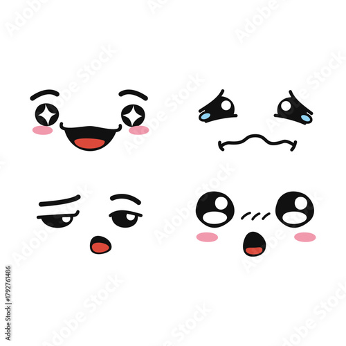 Set of four cartoon faces with different expressions happy, sad, angry, surprised, and emotions