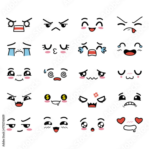 Extensive collection of hand-drawn emoji-inspired faces depicting a broad spectrum of human emotions and moods