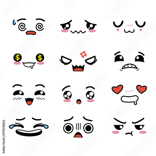 Diverse collection of adorable cartoon faces showcasing a range of emotions and expressions
