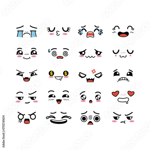 A big set of cute kawaii anime style emoticons and emojis showing a wide range of human emotions
