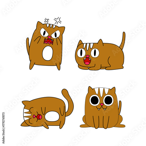 Four Funny Brown Cartoon Cats Expressing Various Emotions in Different Poses & Facial Expressions