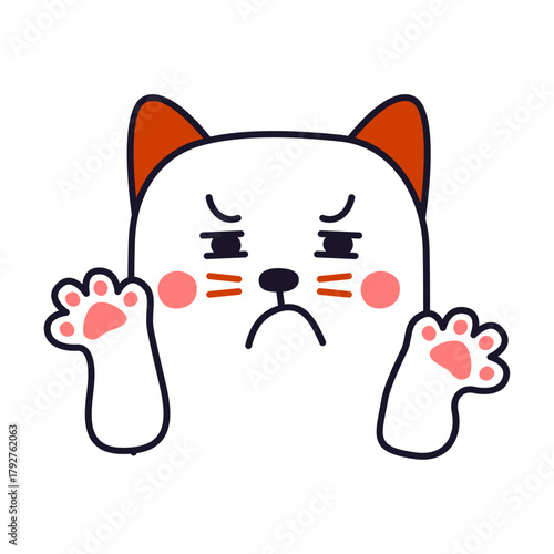 Cute cartoon cat character with a grumpy expression and paws up in a gesture of refusal or stop