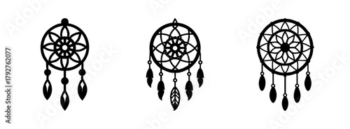 Dream catcher vector illustration set, native american dreamcatcher silhouette design art boho style