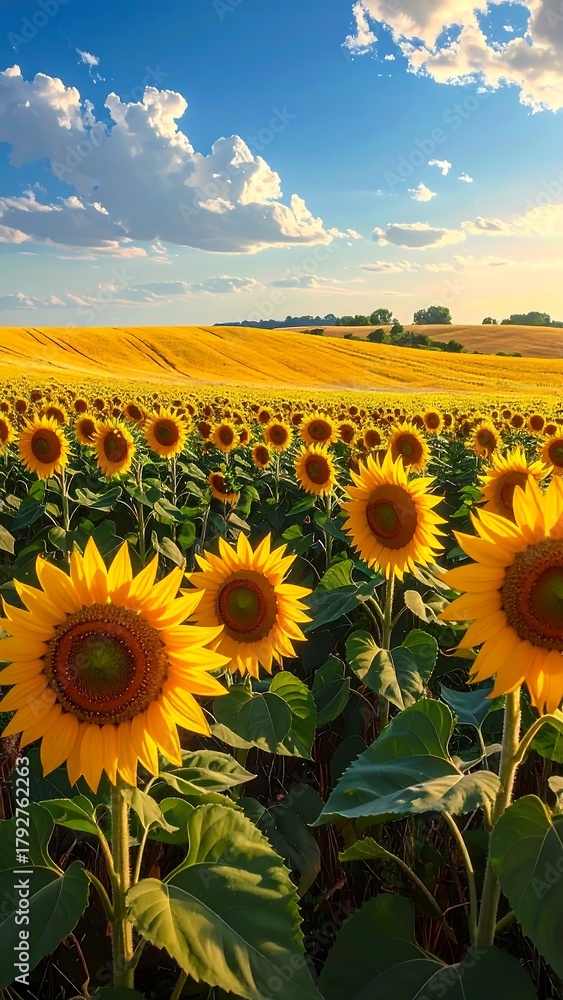 Fototapeta premium Vast field of bright yellow sunflowers under a blue sky with fluffy clouds