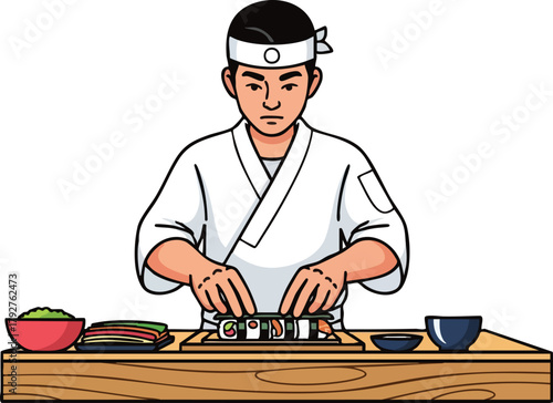 A cartoon sushi chef in a white uniform expertly prepares sushi on a wooden counter with various dishes and bowls in a clean white background.