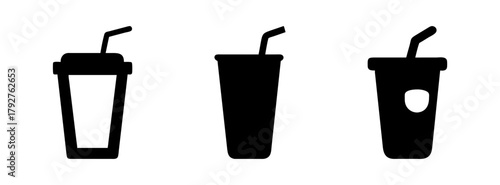 Black silhouette of disposable drink cups with straws for coffee tea juice and other beverages