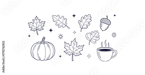 Charming autumn doodle clipart set with falling leaves pumpkins acorns stars and cozy cups