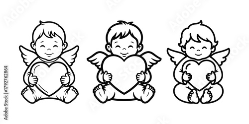 Adorable trio of baby angels, often called cupids or cherubs, tenderly holding loving hearts, perfect for conveying innocence, romance, and heartfelt affection in various design projects