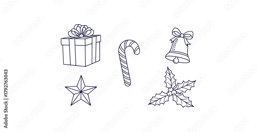 Fototapeta premium Charming christmas doodle icons featuring gift box candy cane bell and holly for festive designs