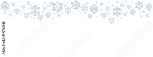 Winter snow border with pale blue snowflakes of varying sizes drifting down from the top edge against a clean white background. Minimalist, cold-toned design suitable for Christmas, New Year