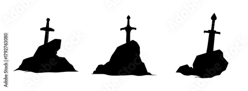Sword in the stone vector illustration fantasy legend arthurian silhouette drawing isolated design