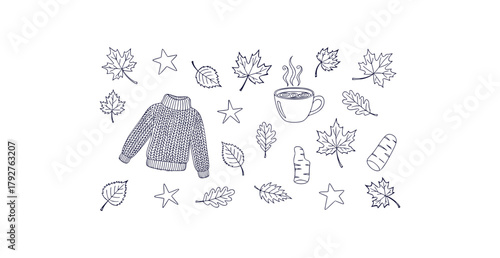 Cozy autumn hand drawn doodles featuring a sweater mug and falling leaves on a white background