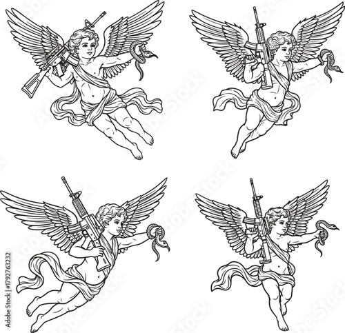 Four cherubs with wings holding rifles, symbolizing divine protection or ironic juxtaposition of innocence and weaponry