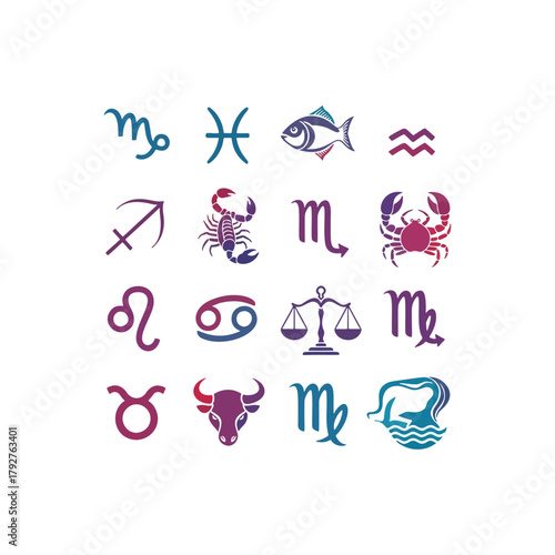 Zodiac astrology signs beautifully arranged against a white background for modern horoscope designs