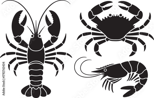 Lobster Crab Shrimp Silhouette Set Marine Seafood Vector Illustration